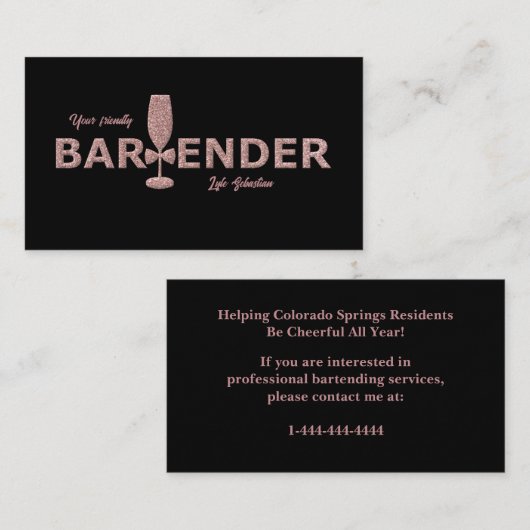 Rose Gold & Black Event Bartender Carte de visite (Devant / Derrière)