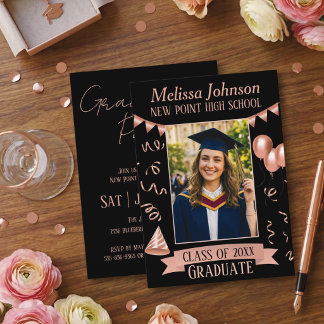 Rose Gold & Black Grad Party Photo Invitation