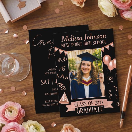 Rose Gold & Black Grad Party Photo Invitation