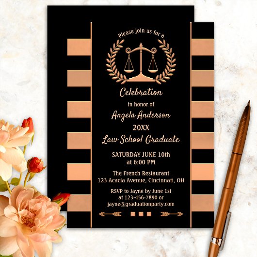 Rose Gold Black Law School Graduation Invitation