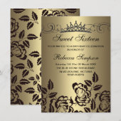 Rose Gold & Black & Tiara Invitation Anniversaire (Devant / Derrière)