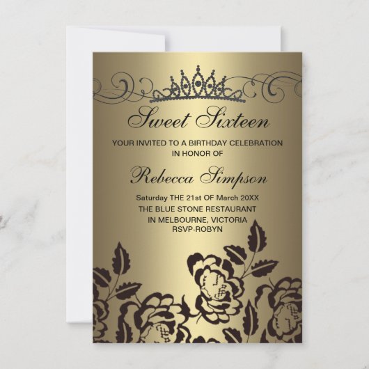 Rose Gold & Black & Tiara Invitation Anniversaire (Devant)