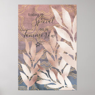 'Rose Gold' bladachtige takken op roze/blauwe golv Poster