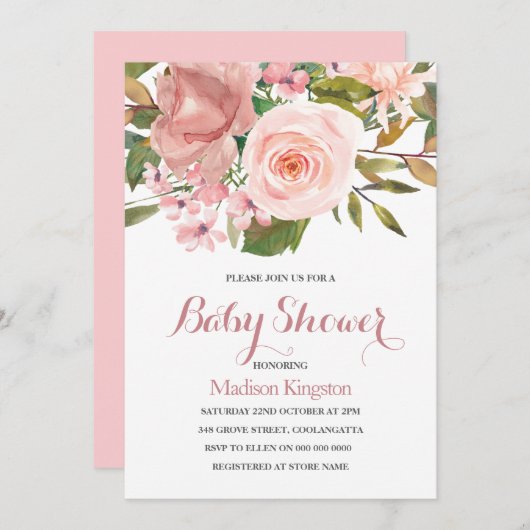 Rose Gold & Blush Flowers Baby shower Invitation (Devant / Derrière)