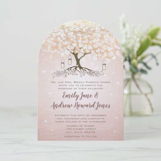 Rose Gold Blush Pink Heart Tree Wedding Invitation (Debout devant)