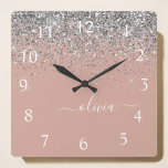 Rose Gold Blush rose Parties scintillant argent Mo<br><div class="desc">Rose Gold - Blush Pink and Silver Sparkle Glitter Script Monogram Nom Clock. This makes the perfect sweet 16 birthday,  wedding,  bridal shower,  anniversary,  baby shower or bachelorette party gift for someone that loves glam luxury and chic styles.</div>