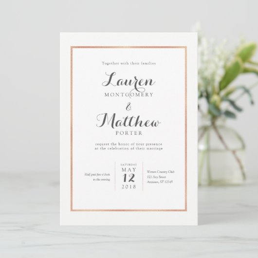 Rose Gold Border Faire-part de mariage moderne (Debout devant)