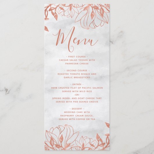 Rose Gold Botanical Floral Grey Menu Mariage (Devant)