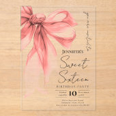 Rose Gold Bow Coquette Script Sweet 16 Party Acryl Uitnodigingen (Voorkant)