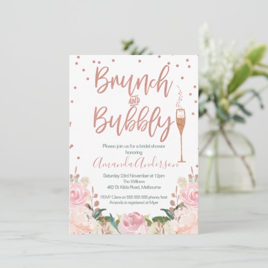 Rose Gold Brunch Bubbly Invitations de douche nupt (Debout devant)