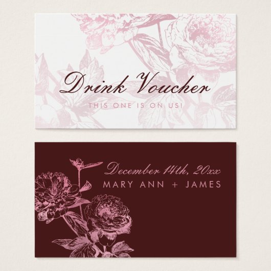 Rose Gold Burgundy Floral Mariage Boire Voucher (Devant & derrière)
