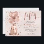 Rose Gold Cake 50th Birthday Invitation<br><div class="desc">Cette magnifique invitation de fête de 50e anniversaire avec un gâteau rose à parties scintillant en or 2 couches avec ballons en or rose, le numéro 50 en or rose et confetti en or rose brillant sur le broussaillement serait parfait pour célébrer votre femme, maman, soeur, ami, collègue. Traditionnel et...</div>
