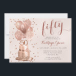 Rose Gold Cake 50th Birthday Invitation<br><div class="desc">Cette magnifique invitation de fête de 50e anniversaire avec un gâteau rose à parties scintillant en or 2 couches avec ballons en or rose, le numéro 50 en or rose et confetti en or rose brillant sur le broussaillement serait parfait pour célébrer votre femme, maman, soeur, ami, collègue. Traditionnel et...</div>