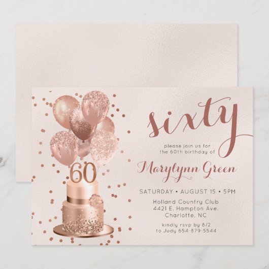 Rose Gold Cake 60th Birthday Invitation (Devant / Derrière)