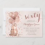 Rose Gold Cake 60th Birthday Invitation<br><div class="desc">Cette magnifique invitation à la fête du 60e anniversaire avec un gâteau rose à parties scintillant en or 2 couches avec ballons en or rose, le numéro 60 en or rose et confetti en or rose brillant sur le broussailles serait parfait pour célébrer votre femme, maman, soeur, ami, collègue. Traditionnel...</div>