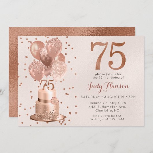 Rose Gold Cake 75th Birthday Invitation (Devant / Derrière)