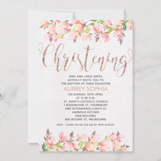 Rose Gold Calligraphie Christening Invitation (Devant)