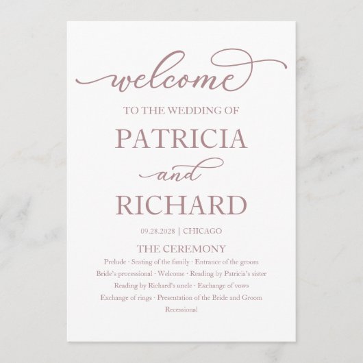 Rose Gold Calligraphie Mariage programme de cérémo (Devant)