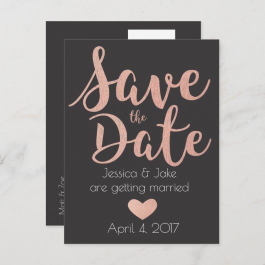Rose Gold, Charbon, Enregistrer la date Carte post (Devant / Derrière)