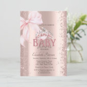 Rose Gold Confetti Pink Bow Crown Baby Shower Kaart (Staand voorkant)