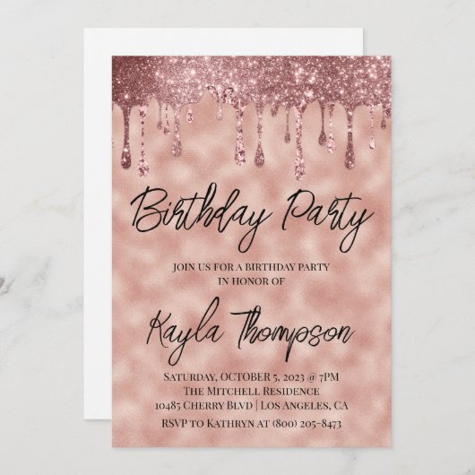 Rose Gold Drift Invitation de fête d'anniversaire (Devant / Derrière)