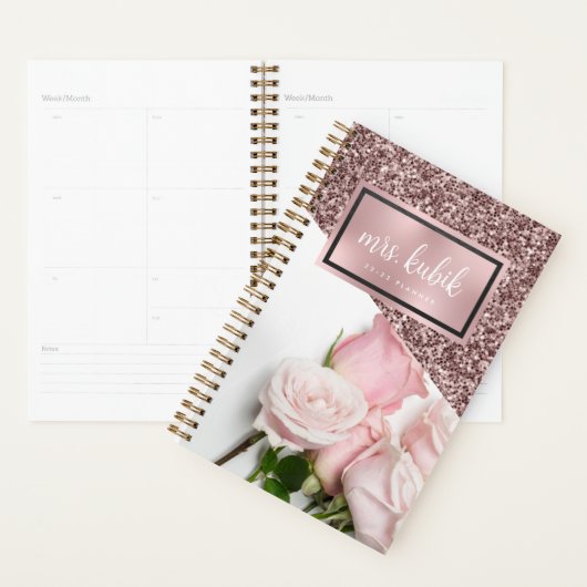 Rose Gold et rose Fleurs Enseignant Planificateur (Devant avec enveloppe)