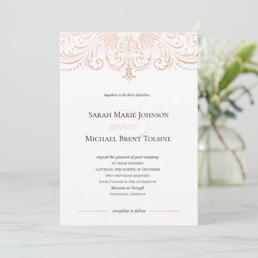 Rose Gold Faux Foil Boho Chic Faire-part de mariag (Debout devant)