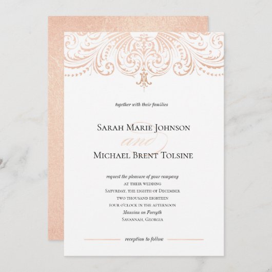 Rose Gold Faux Foil Boho Chic Faire-part de mariag (Devant / Derrière)