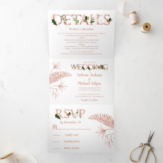 Rose Gold Ferns Mariage Tri-fold Invitation (Intérieur)