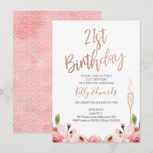 Rose Gold Floral 21e anniversaire invitation