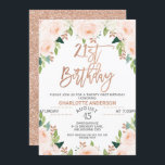 Rose Gold Floral 21ème anniversaire Invitation<br><div class="desc">Rose Gold Floral 21st Birthday Invitation Faux rose or et floral vingt-et-unième anniversaire invitation pour une fille avec une tête de calligraphie en or faux rose et arrangements floraux rose et vert pâle. Ce design a un léger look bohème. L'arrière de l'invitation est une image de parties scintillant en or...</div>