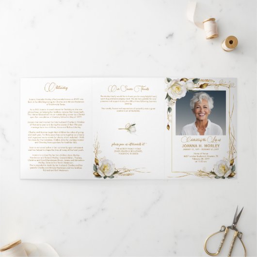 Rose & Gold Floral 6 Photo Poem Funeral Programme (Extérieur)