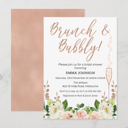 Rose Gold Floral Brunch Invitation à la douche nup (Devant / Derrière)