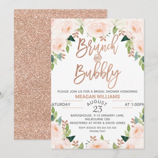 Rose Gold Floral Brunch Invitation de la mariée (Devant / Derrière)