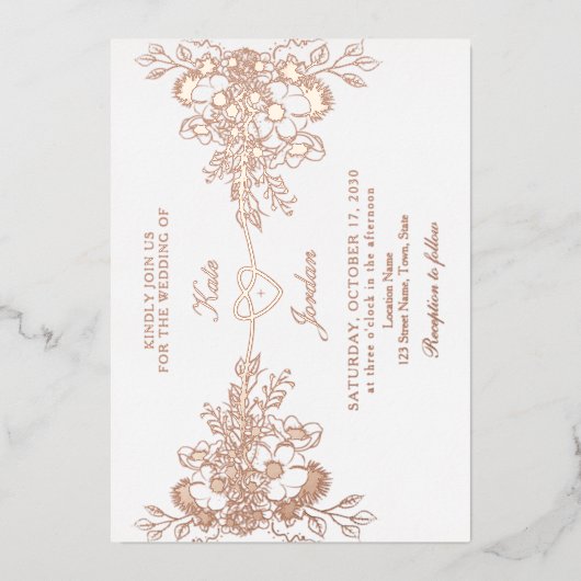 Rose Gold Floral Coeur Foil Mariage Invitation (Recto)