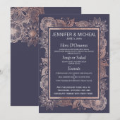 Rose Gold Floral et Marine Blue Mariage Menu (Devant / Derrière)