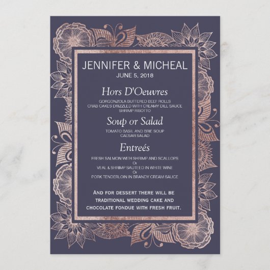Rose Gold Floral et Marine Blue Mariage Menu (Devant)