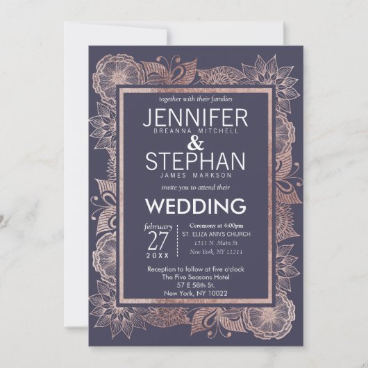 Rose Gold Floral et Navy Blue Wedding Invitations (Devant)