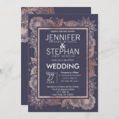 Rose Gold Floral et Navy Blue Wedding Invitations (Devant / Derrière)