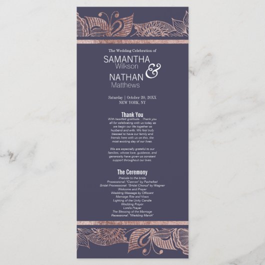 Rose Gold Floral et Navy Blue Wedding Programmes (Devant)