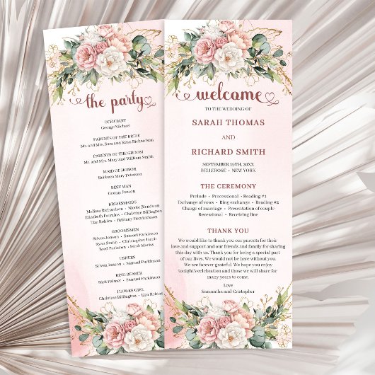 Rose Gold Floral Eucalyptus Elegant Wedding Agenda Programma