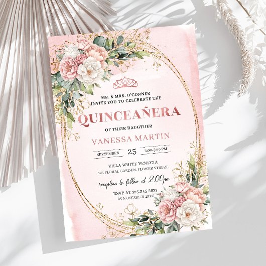 Rose Gold Floral Eucalyptus Quinceañera Invitation