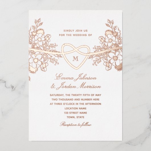 Rose Gold Floral Heart Mariage Foil Invitation (Recto)