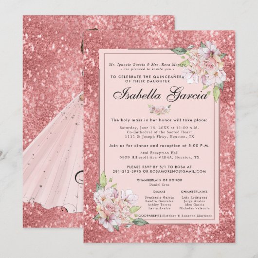 Rose Gold Floral Quinceañera Invitation d'annivers (Devant / Derrière)