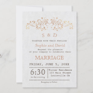 Rose Gold Flourish Swirl White Wedding Invitation