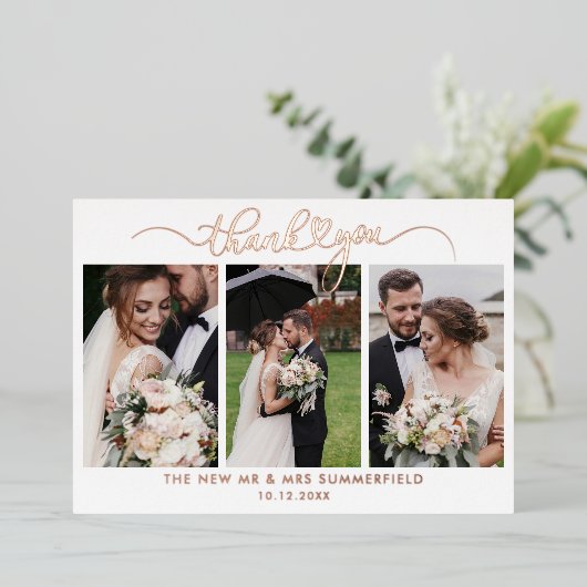 Rose Gold Foil 3 Photos Mariage Carte de remerciem (Debout devant)