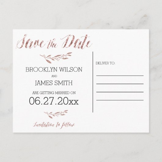 Rose Gold Foil Enregistrer la date Cartes postales (Dos)