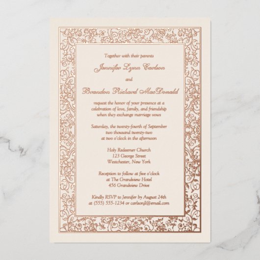 Rose Gold Foil Floral Filigree Mariage Invitation (Recto)