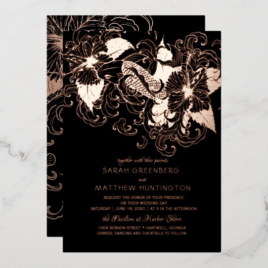 Rose Gold Foil Floral Koi Faire-part de mariage (Recto/Verso)