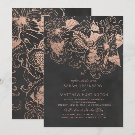 Rose Gold Foil Floral Koi Faire-part de mariage (Devant / Derrière)